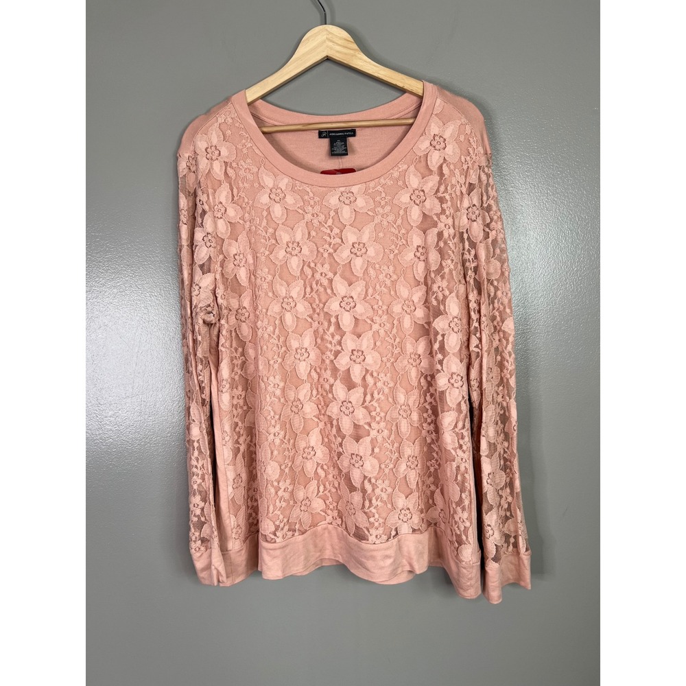 Adrianna Papell Floral Lace Front Long Sleeve Top Warm Blush Pink XL NWT